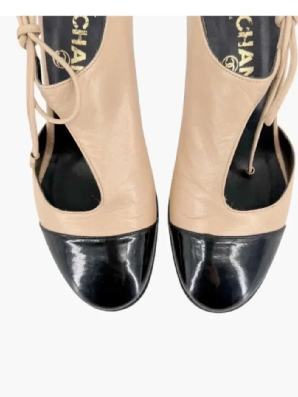 Chanel CC Two Tone Cutout Bootie Pumps Heels Beige Black Size 39 US 9